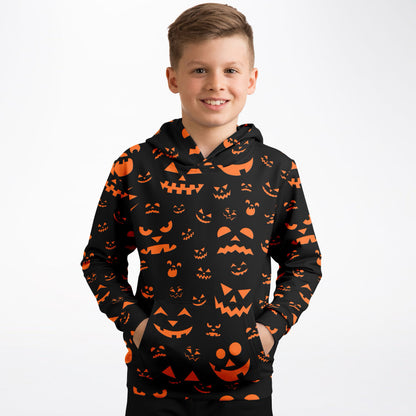 Kids Orange Jack-O’-Lantern Halloween Hoodie – Cozy Cotton Fleece or Lightweight Sports Fabric