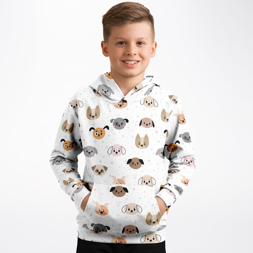 White kids dog face hoodie with playful cartoon dogs pattern in beige gray and brown made of cozy cotton fleece
