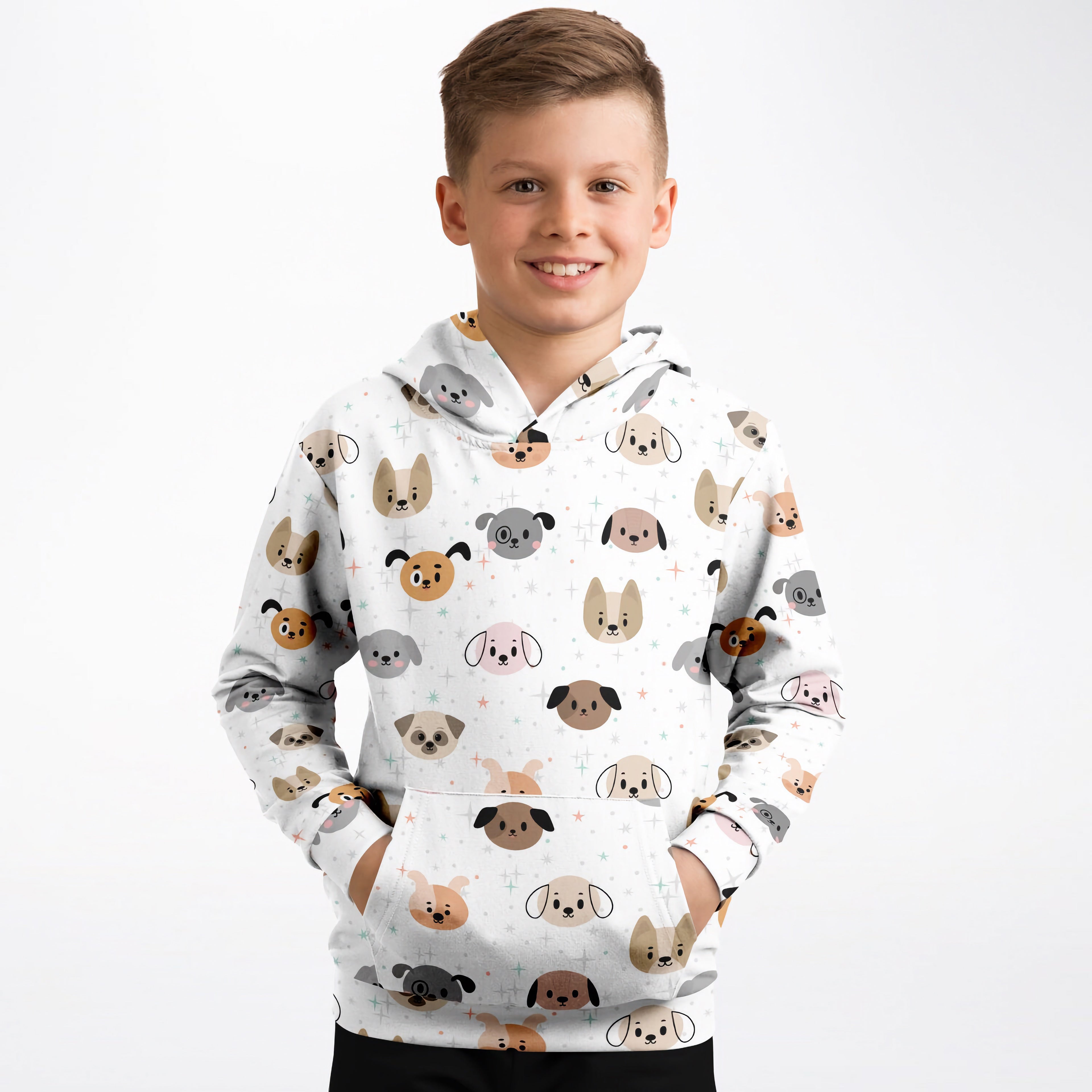 White kids dog face hoodie with playful cartoon dogs pattern in beige gray and brown made of cozy cotton fleece