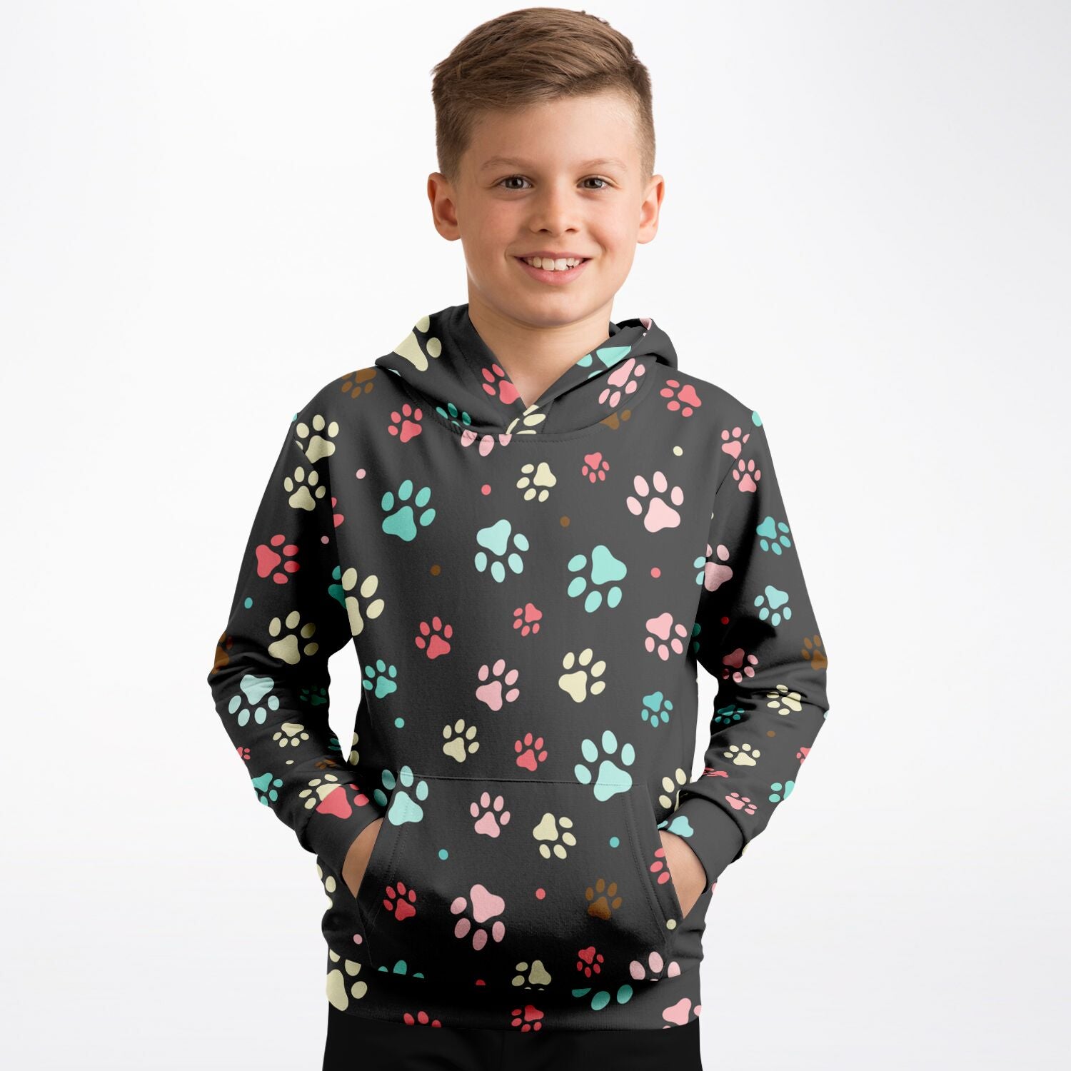 A dark gray kids hoodie with playful pink teal and cream paw prints made from cozy cotton fleece or lightweight sports fabric