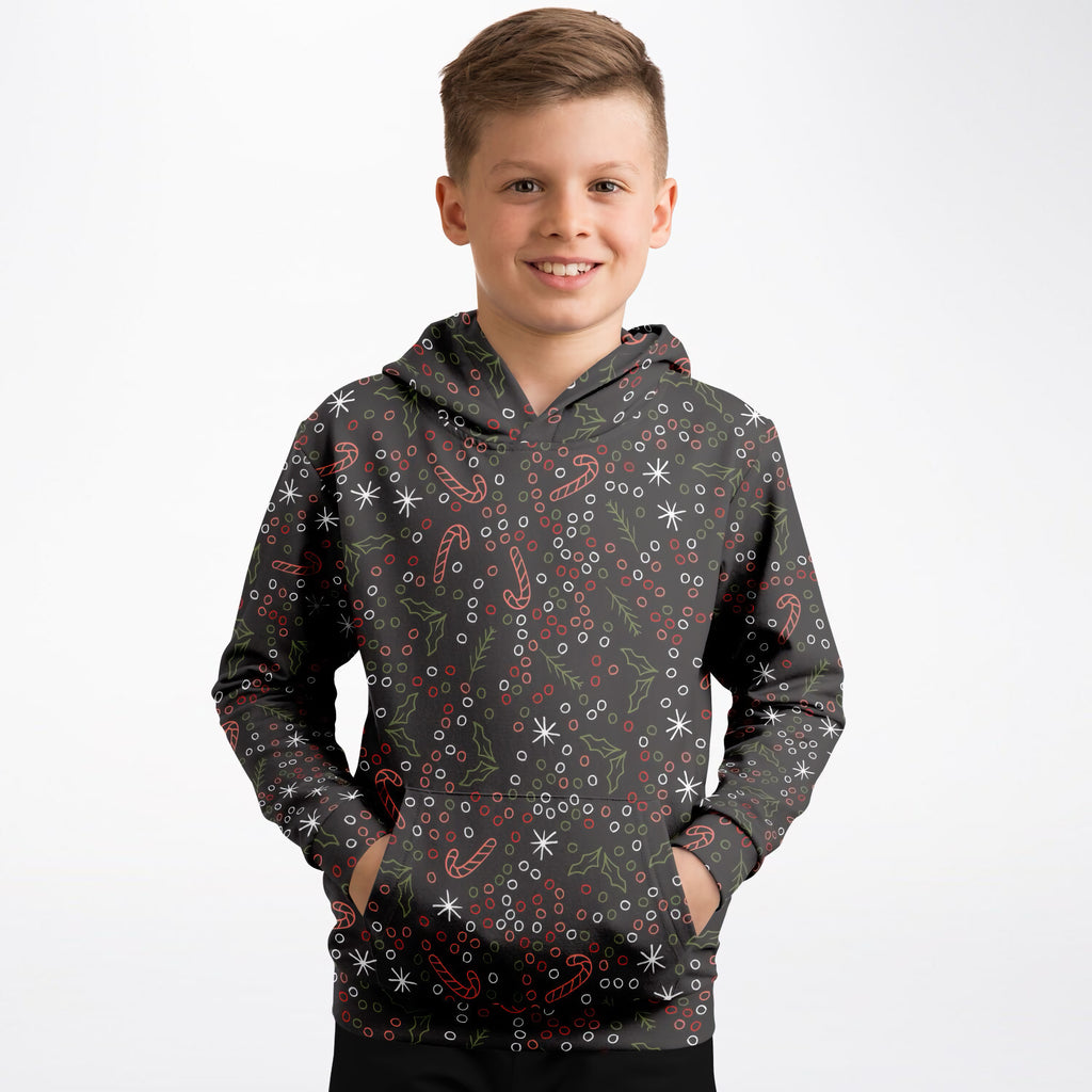 Kids Dark Brown Christmas Candy Cane Hoodie – Ultra Comfy & Stretchy, Cozy Fleece or Lightweight Sports Fabric, Double-Layer Hood & Kangaroo Pocket