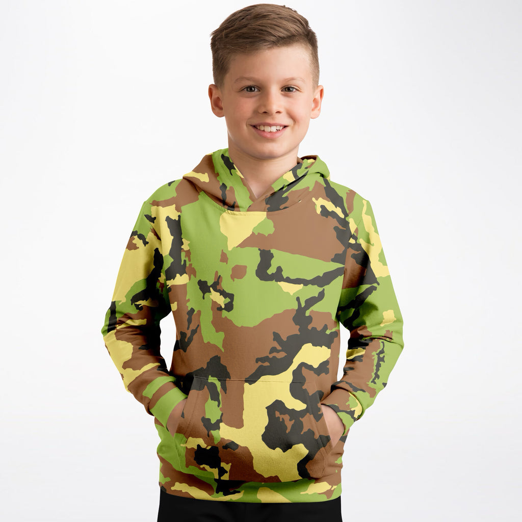 Kids Green Camouflage Hoodie – Ultra Comfy & Stretchy, Cozy Fleece or Lightweight Sports Fabric, Double-Layer Hood & Kangaroo Pocket
