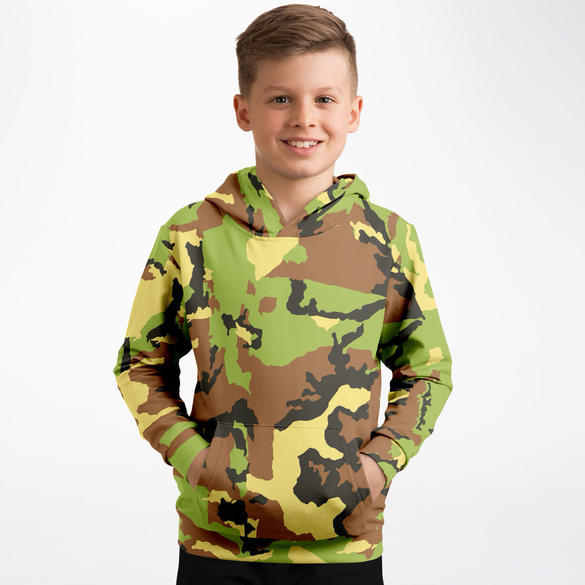 Kids Green Camouflage Hoodie – Ultra Comfy & Stretchy, Cozy Fleece or Lightweight Sports Fabric, Double-Layer Hood & Kangaroo Pocket