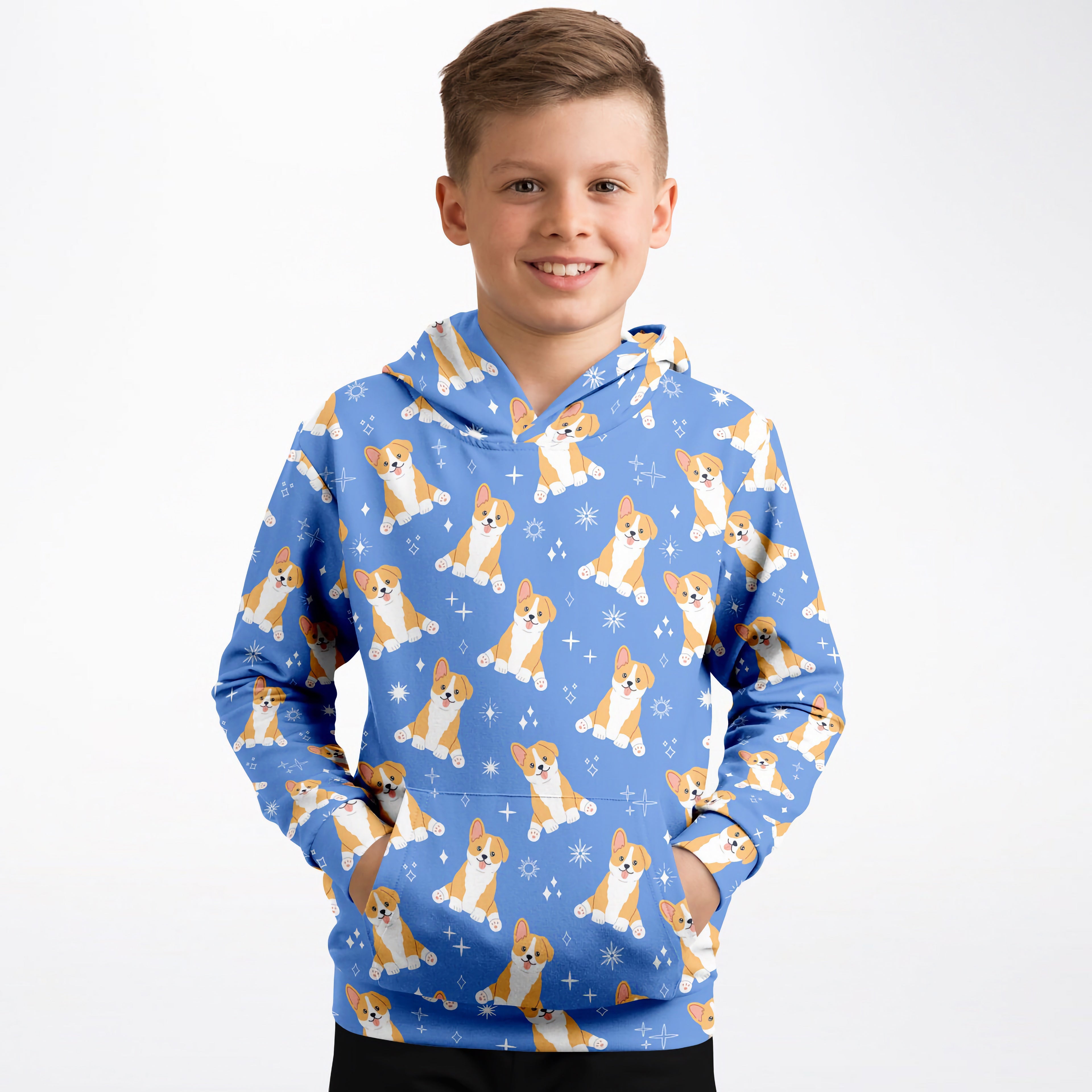 Kids Blue Corgi Dog Hoodie – Cozy Cotton Fleece or Lightweight Sports Fabric