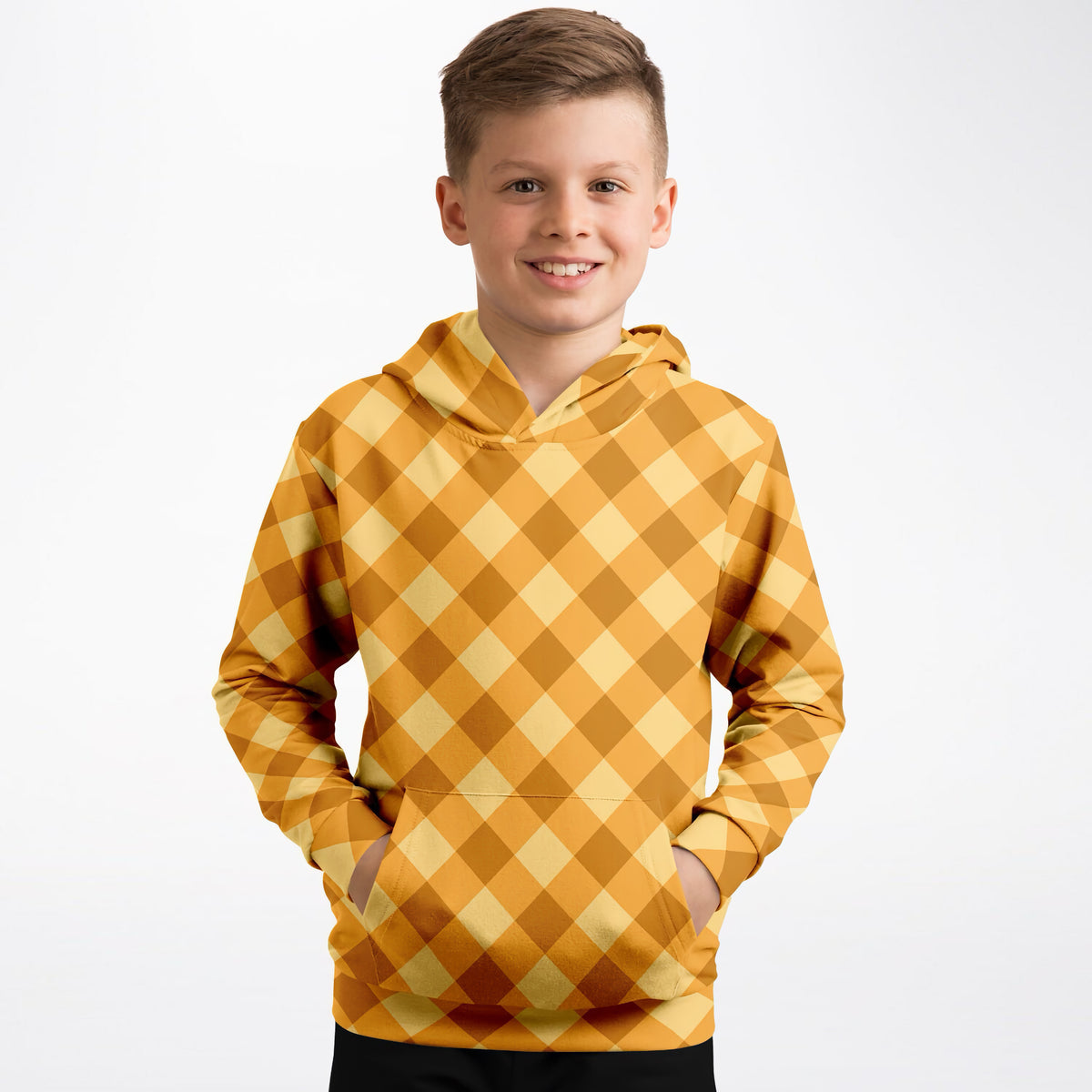 Kids Orange Gingham Checkered Hoodie – Ultra Comfy & Stretchy, Cozy Fleece or Lightweight Sports Fabric, Double-Layer Hood & Kangaroo Pocket