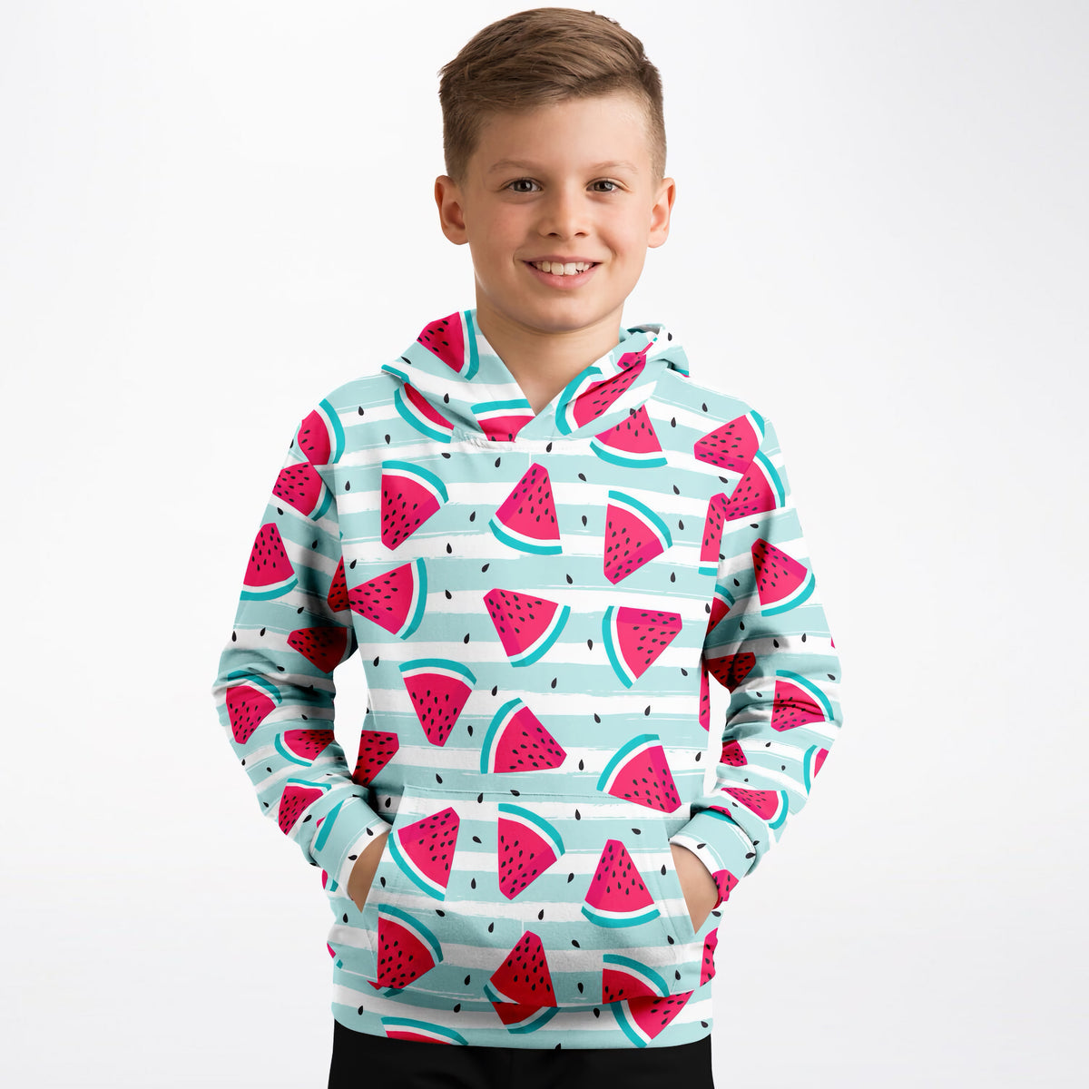 Kids Watermelon Stripe Hoodie – Ultra Comfy & Stretchy, Cozy Fleece or Lightweight Sports Fabric, Double-Layer Hood & Kangaroo Pocket