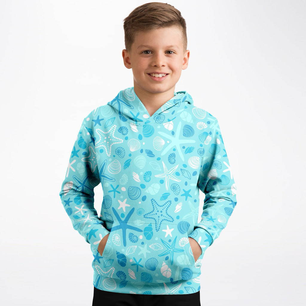 Kids Starfish & Shells Hoodie – Ultra Comfy & Stretchy, Cozy Fleece or Lightweight Sports Fabric, Double-Layer Hood & Kangaroo Pocket