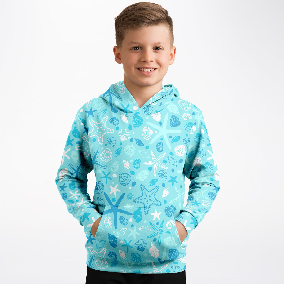 Kids Starfish & Shells Hoodie – Ultra Comfy & Stretchy, Cozy Fleece or Lightweight Sports Fabric, Double-Layer Hood & Kangaroo Pocket