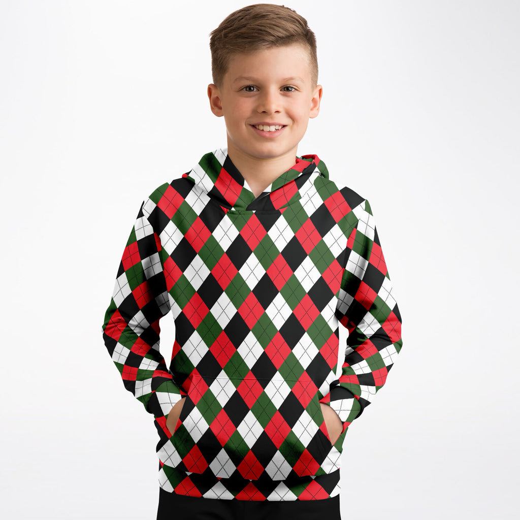 Kids Christmas Argyle Hoodie – Ultra Comfy & Stretchy, Cozy Fleece or Lightweight Sports Fabric, Double-Layer Hood & Kangaroo Pocket