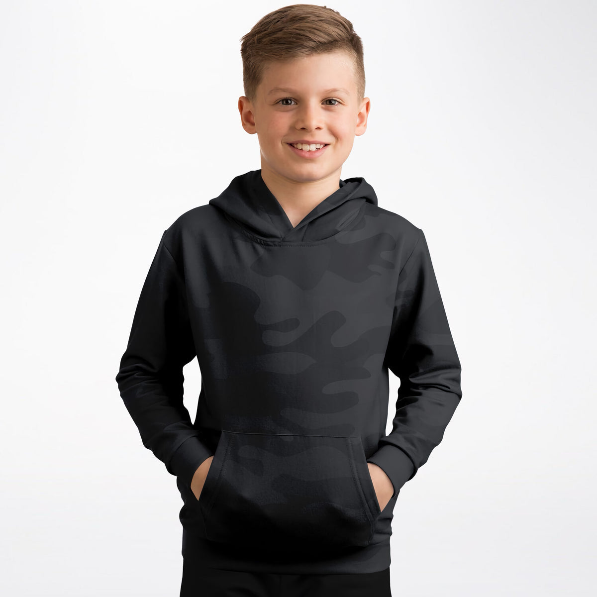 Kids Black Camouflage Hoodie – Ultra Comfy & Stretchy, Cozy Fleece or Lightweight Sports Fabric, Double-Layer Hood & Kangaroo Pocket
