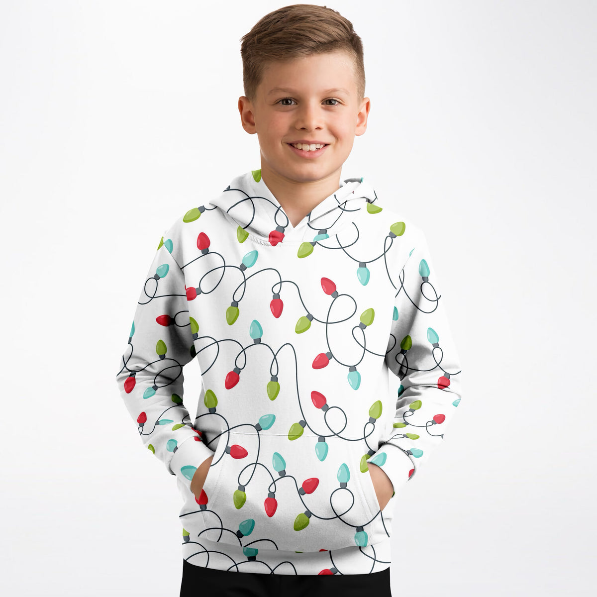 Kids Christmas Lights Hoodie – Ultra Comfy & Stretchy, Cozy Fleece or Lightweight Sports Fabric, Double-Layer Hood & Kangaroo Pocket