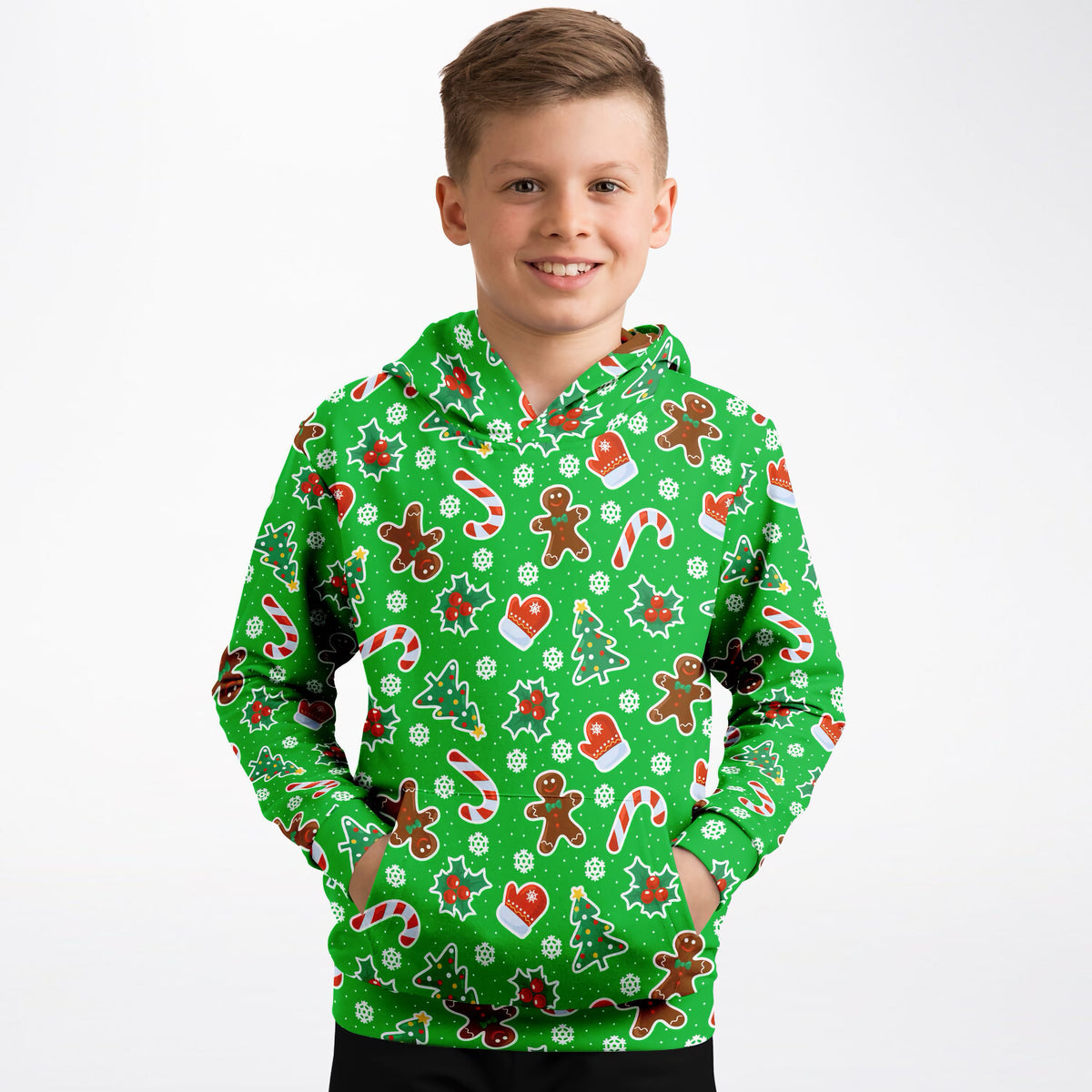 Kids Green Christmas Icons Hoodie – Ultra Comfy & Stretchy, Cozy Fleece or Lightweight Sports Fabric, Double-Layer Hood & Kangaroo Pocket