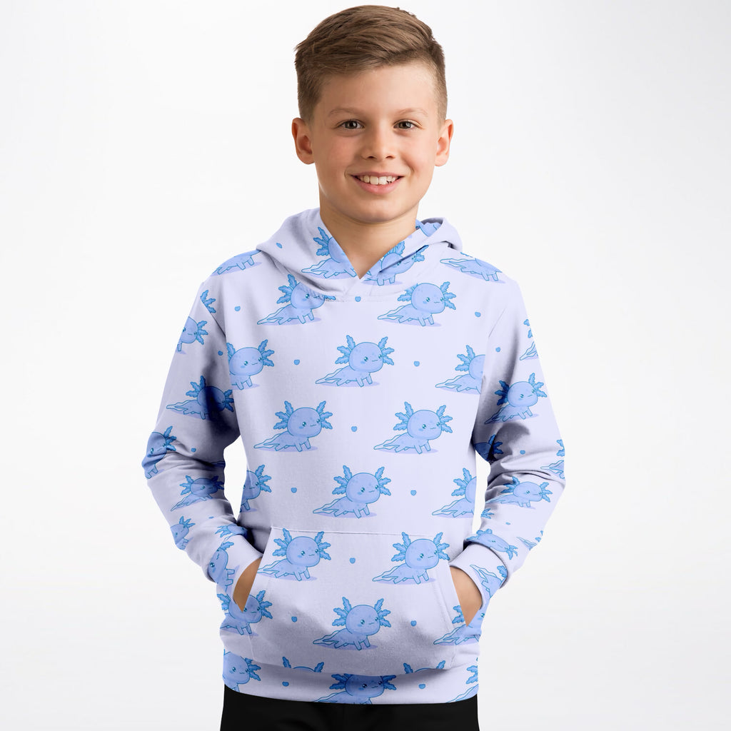 Kids Blue Axolotl Hoodie – Ultra Comfy & Stretchy, Cozy Fleece or Lightweight Sports Fabric, Double-Layer Hood & Kangaroo Pocket