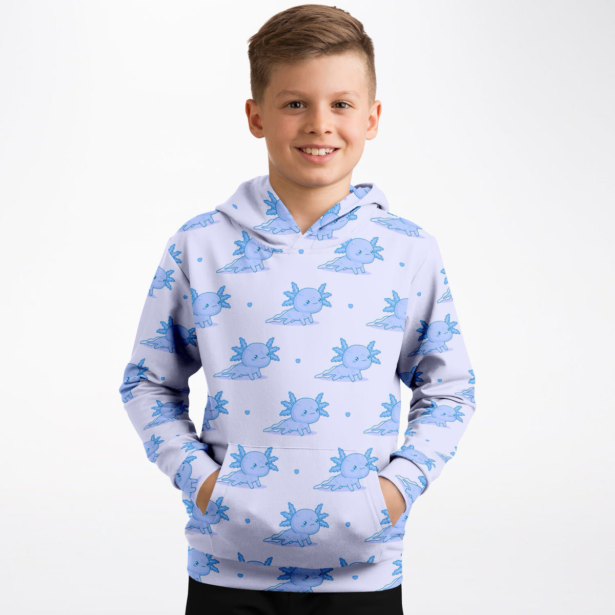 Kids Blue Axolotl Hoodie – Ultra Comfy & Stretchy, Cozy Fleece or Lightweight Sports Fabric, Double-Layer Hood & Kangaroo Pocket