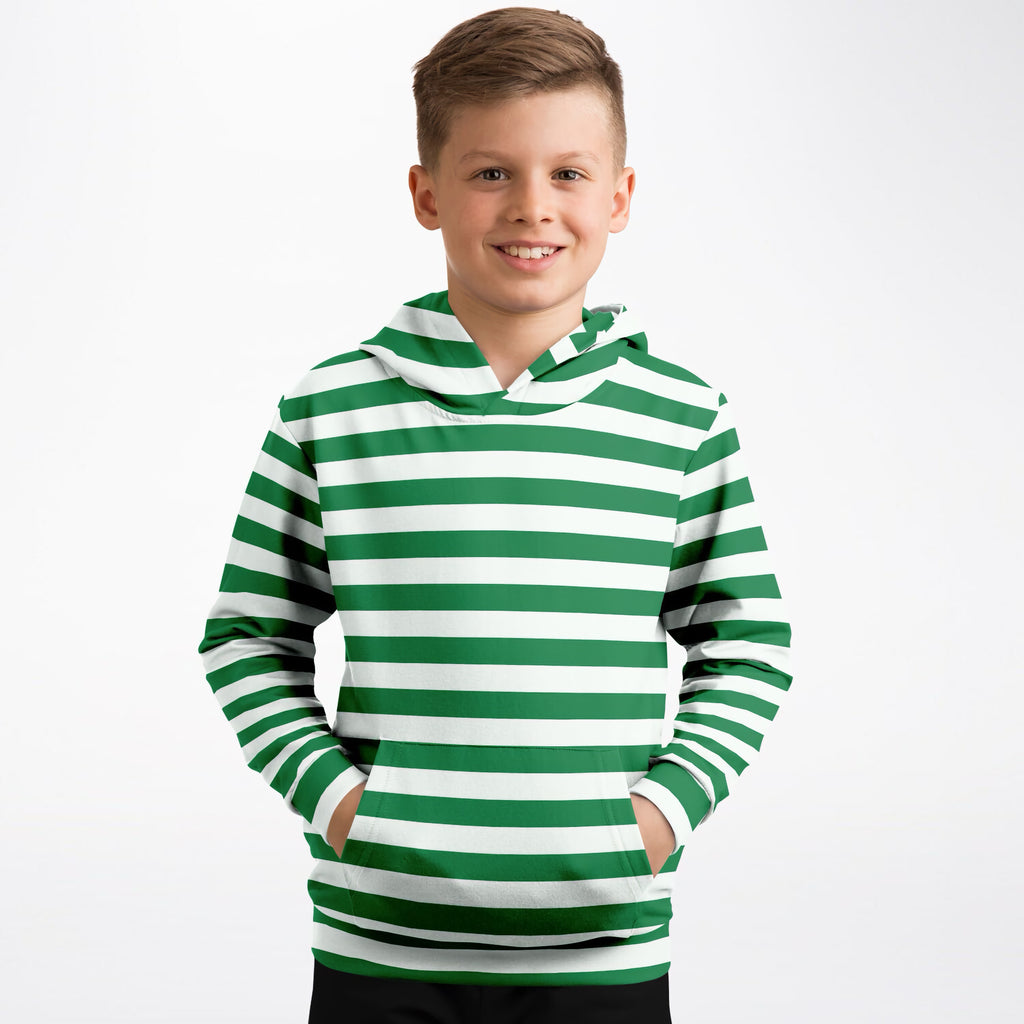 Kids Striped Green Christmas Hoodie – Ultra Comfy & Stretchy, Cozy Fleece or Lightweight Sports Fabric, Double-Layer Hood & Kangaroo Pocket