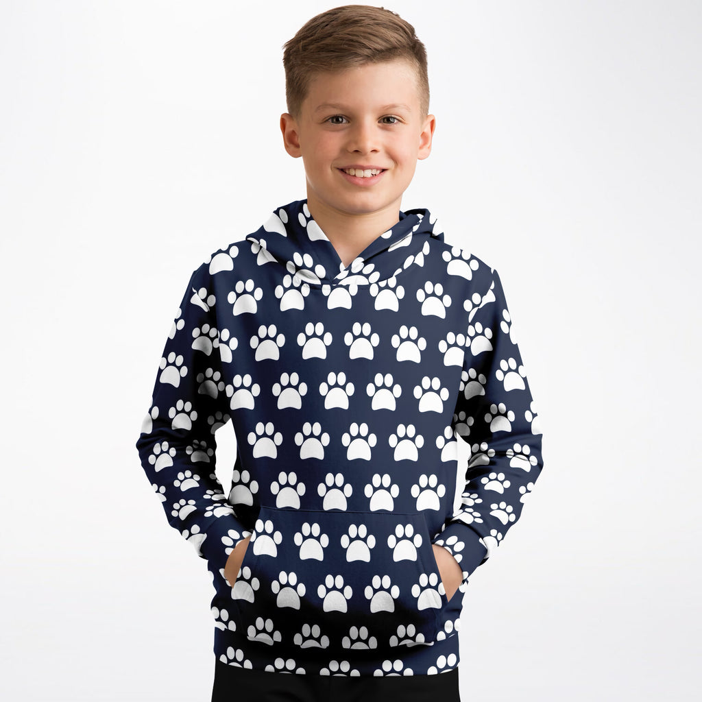 Kids Navy Blue Paw Print Hoodie – Ultra Comfy & Stretchy, Cozy Fleece or Lightweight Sports Fabric, Double-Layer Hood & Kangaroo Pocket
