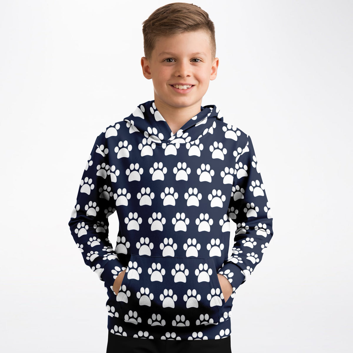 Kids Navy Blue Paw Print Hoodie – Ultra Comfy & Stretchy, Cozy Fleece or Lightweight Sports Fabric, Double-Layer Hood & Kangaroo Pocket