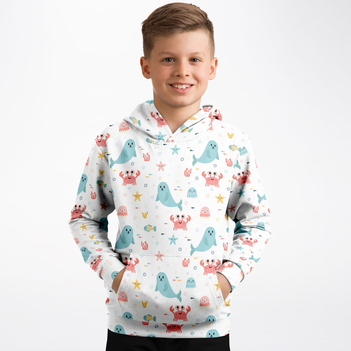 Kids Cute Ocean Animals Hoodie – Ultra Comfy & Stretchy, Cozy Fleece or Lightweight Sports Fabric, Double-Layer Hood & Kangaroo Pocket
