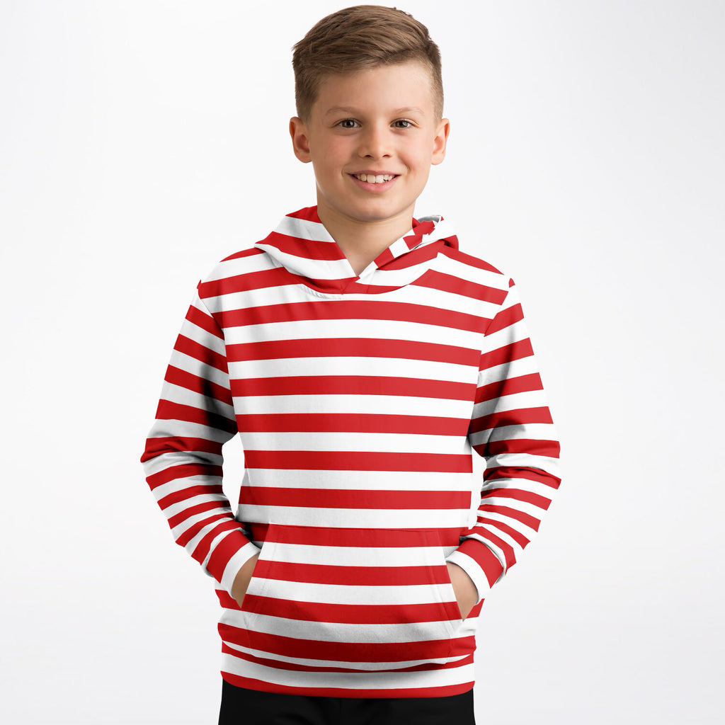 Kids Striped Red Christmas Hoodie – Ultra Comfy & Stretchy, Cozy Fleece or Lightweight Sports Fabric, Double-Layer Hood & Kangaroo Pocket