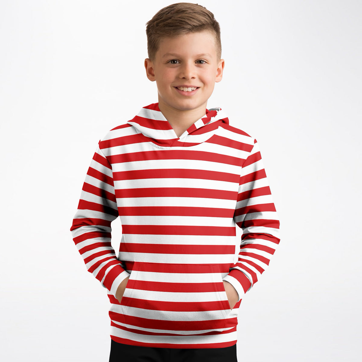 Kids Striped Red Christmas Hoodie – Ultra Comfy & Stretchy, Cozy Fleece or Lightweight Sports Fabric, Double-Layer Hood & Kangaroo Pocket