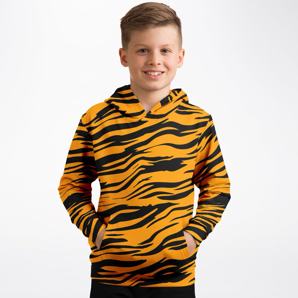 Kids Orange Tiger Stripe Hoodie – Ultra Comfy & Stretchy, Cozy Fleece or Lightweight Sports Fabric, Double-Layer Hood & Kangaroo Pocket