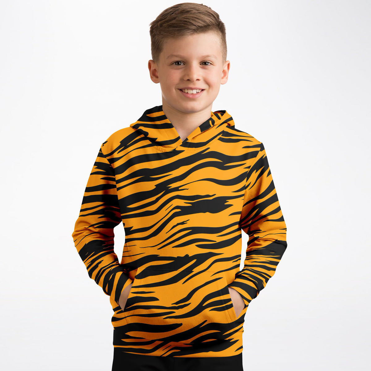 Kids Orange Tiger Stripe Hoodie – Ultra Comfy & Stretchy, Cozy Fleece or Lightweight Sports Fabric, Double-Layer Hood & Kangaroo Pocket