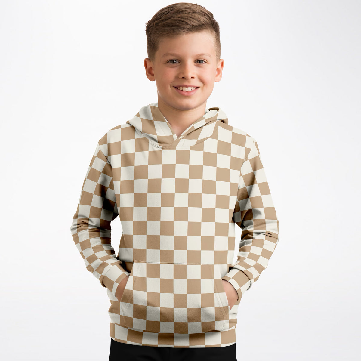 Kids Beige Checkered Hoodie – Ultra Comfy & Stretchy, Cozy Fleece or Lightweight Sports Fabric, Double-Layer Hood & Kangaroo Pocket