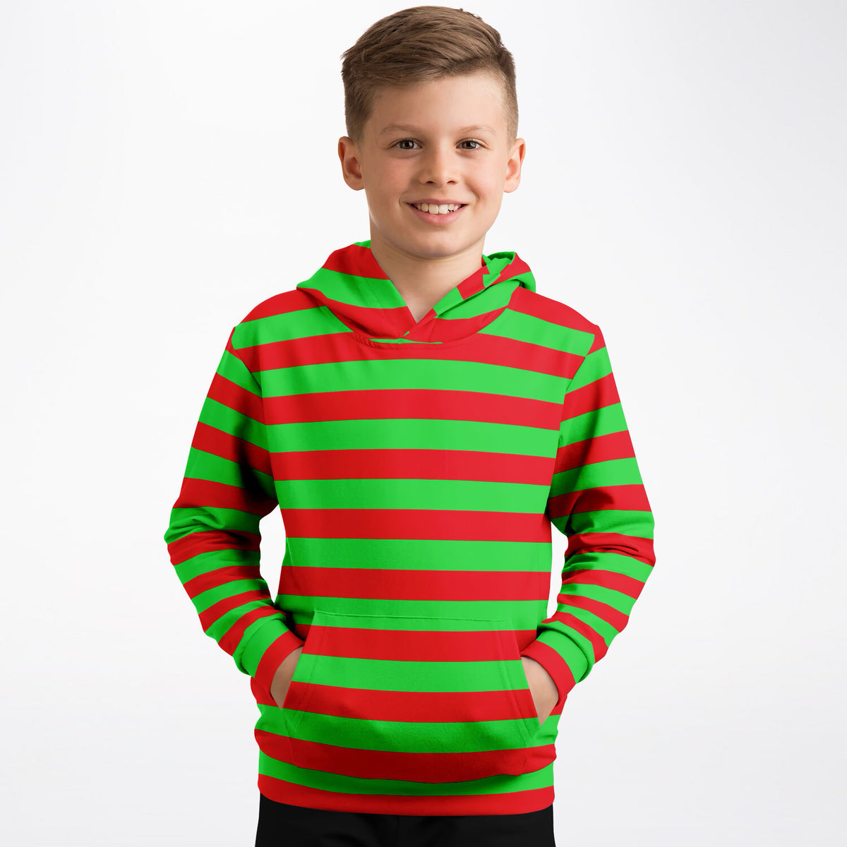 Kids Striped Red & Green Christmas Hoodie – Ultra Comfy & Stretchy, Cozy Fleece or Lightweight Sports Fabric, Double-Layer Hood & Kangaroo Pocket