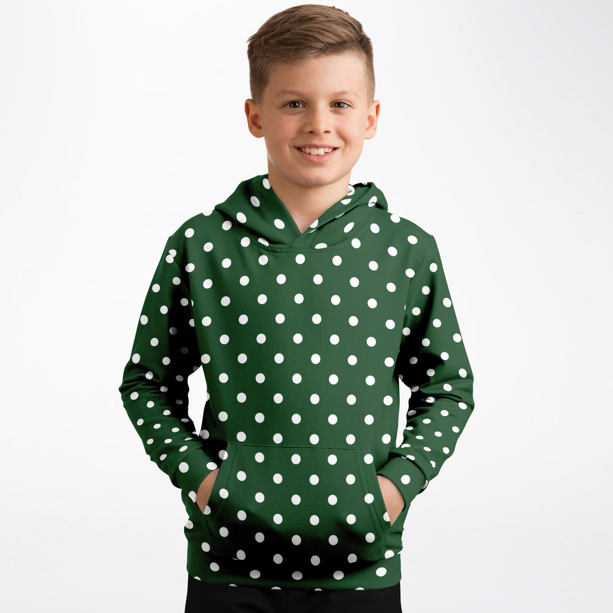 Kids Forest Green Polka Dot Hoodie – Ultra Comfy & Stretchy, Cozy Fleece or Lightweight Sports Fabric, Double-Layer Hood & Kangaroo Pocket