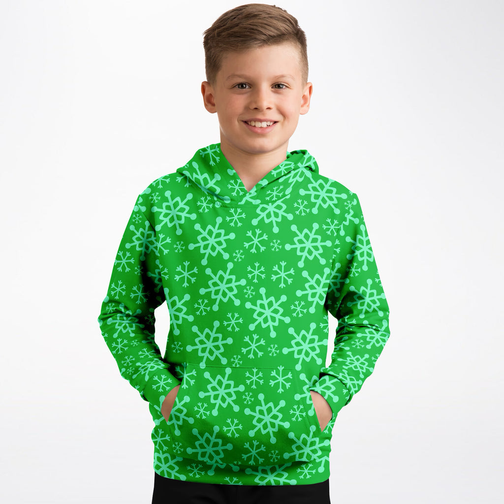 Kids Green Snowflake Christmas Hoodie – Ultra Comfy & Stretchy, Cozy Fleece or Lightweight Sports Fabric, Double-Layer Hood & Kangaroo Pocket