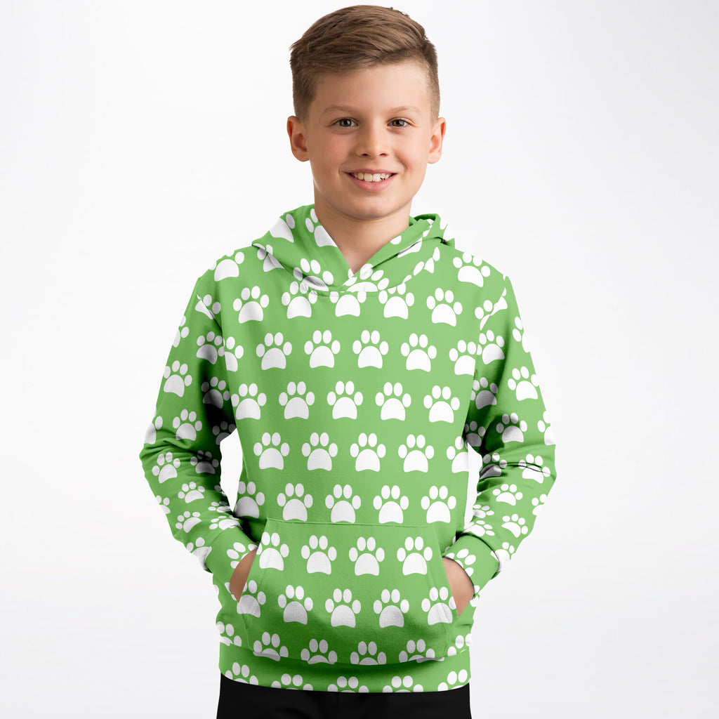 Kids Green Paw Print Hoodie – Ultra Comfy & Stretchy, Cozy Fleece or Lightweight Sports Fabric, Double-Layer Hood & Kangaroo Pocket