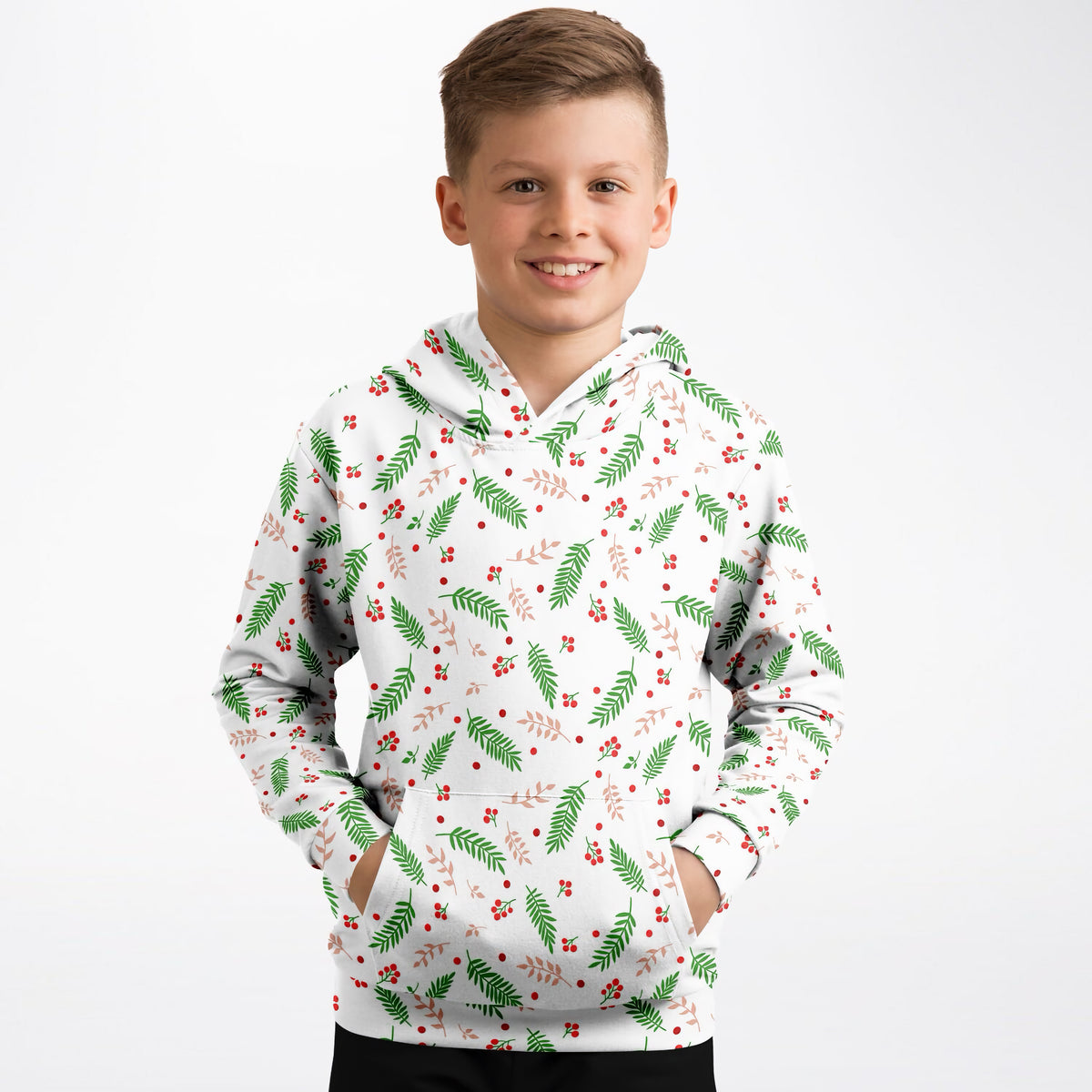 Kids Christmas Holly Berry & Evergreen Hoodie – Ultra Comfy & Stretchy, Cozy Fleece or Lightweight Sports Fabric, Double-Layer Hood & Kangaroo Pocket