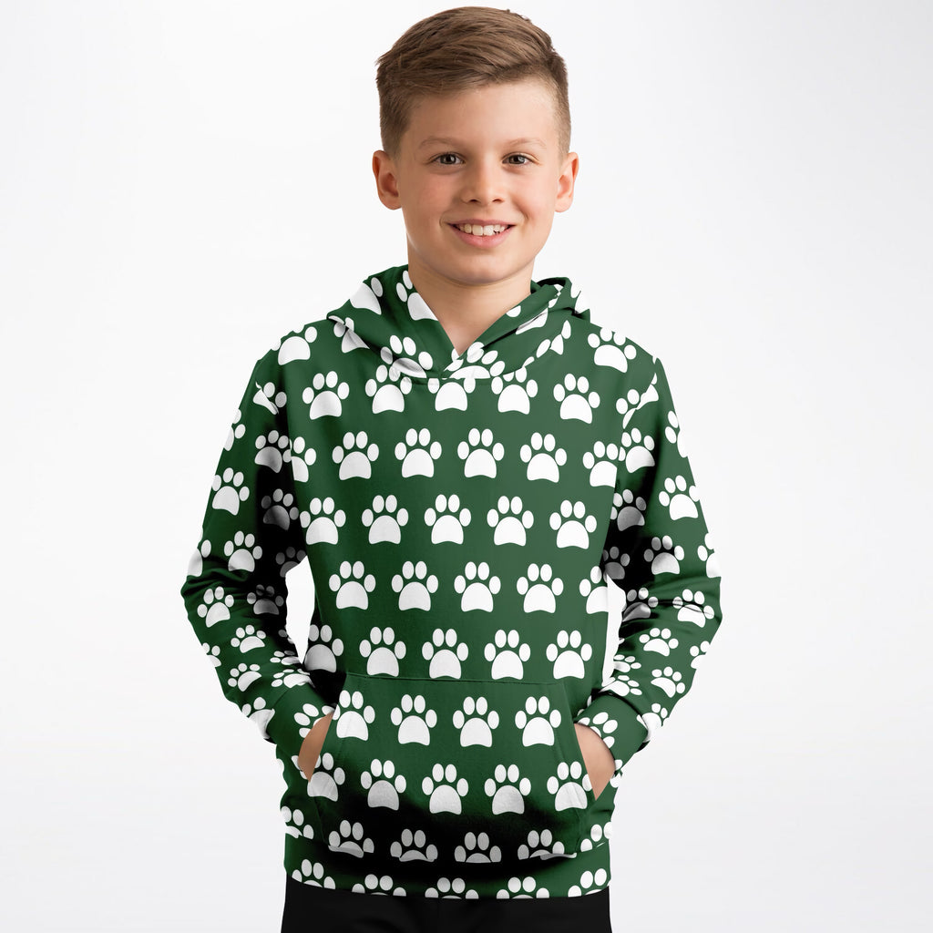 Kids Forest Green Paw Print Hoodie – Ultra Comfy & Stretchy, Cozy Fleece or Lightweight Sports Fabric, Double-Layer Hood & Kangaroo Pocket