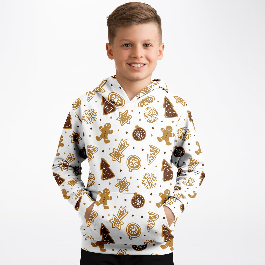 Kids Gingerbread Cookies Christmas Hoodie – Ultra Comfy & Stretchy, Cozy Fleece or Lightweight Sports Fabric, Double-Layer Hood & Kangaroo Pocket