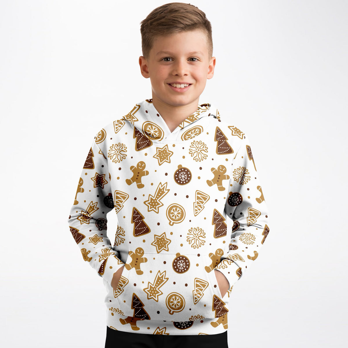 Kids Gingerbread Cookies Christmas Hoodie – Ultra Comfy & Stretchy, Cozy Fleece or Lightweight Sports Fabric, Double-Layer Hood & Kangaroo Pocket