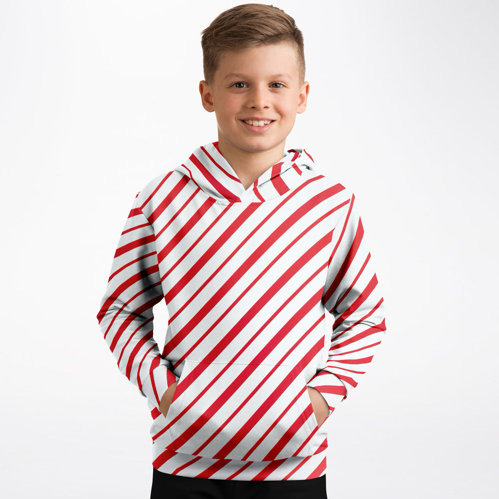 Kids Red & White Candy Cane Striped Christmas Hoodie – Ultra Comfy & Stretchy, Cozy Fleece or Lightweight Sports Fabric, Double-Layer Hood & Kangaroo Pocket