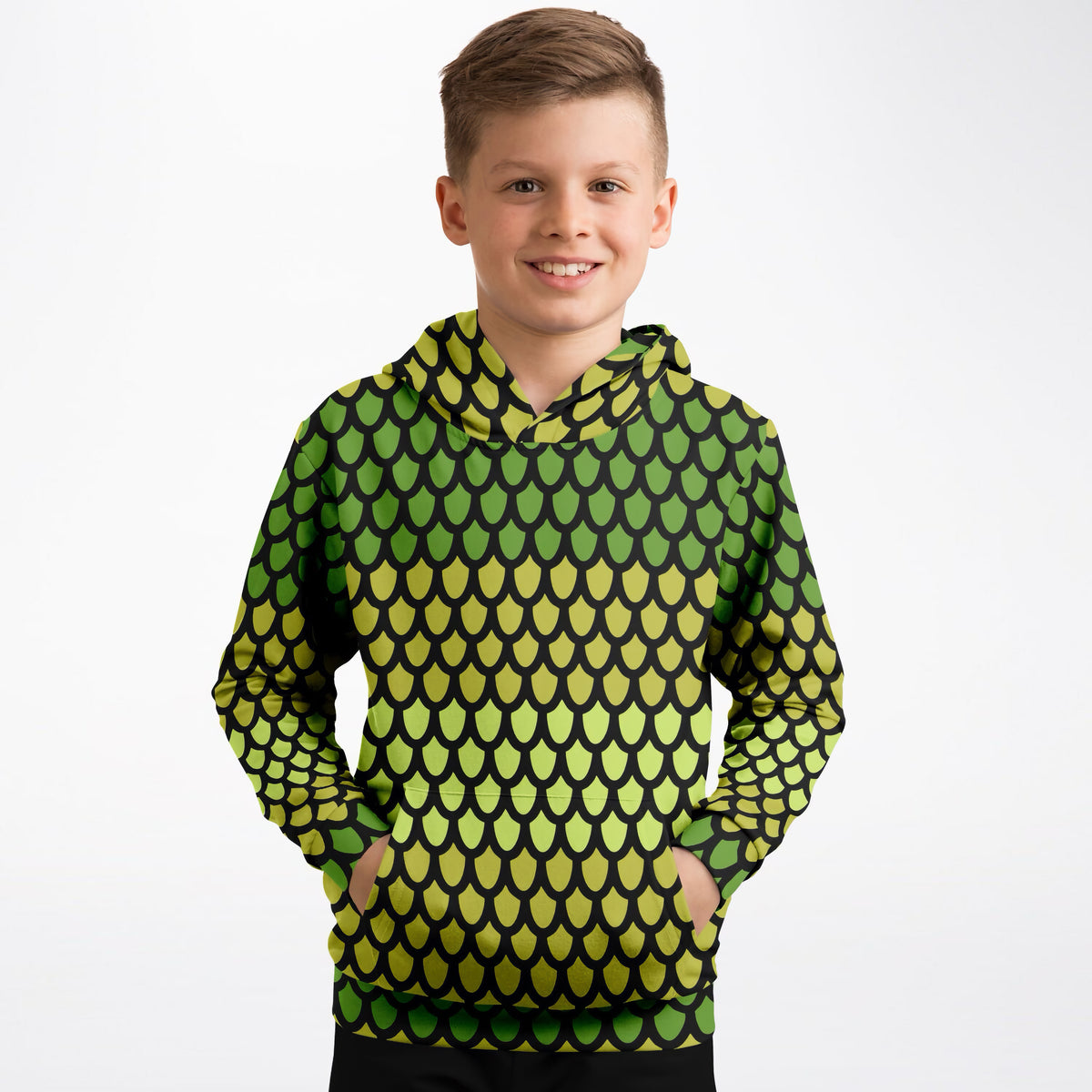 Kids Green Dragon Scales Hoodie – Ultra Comfy & Stretchy, Cozy Fleece or Lightweight Sports Fabric, Double-Layer Hood & Kangaroo Pocket