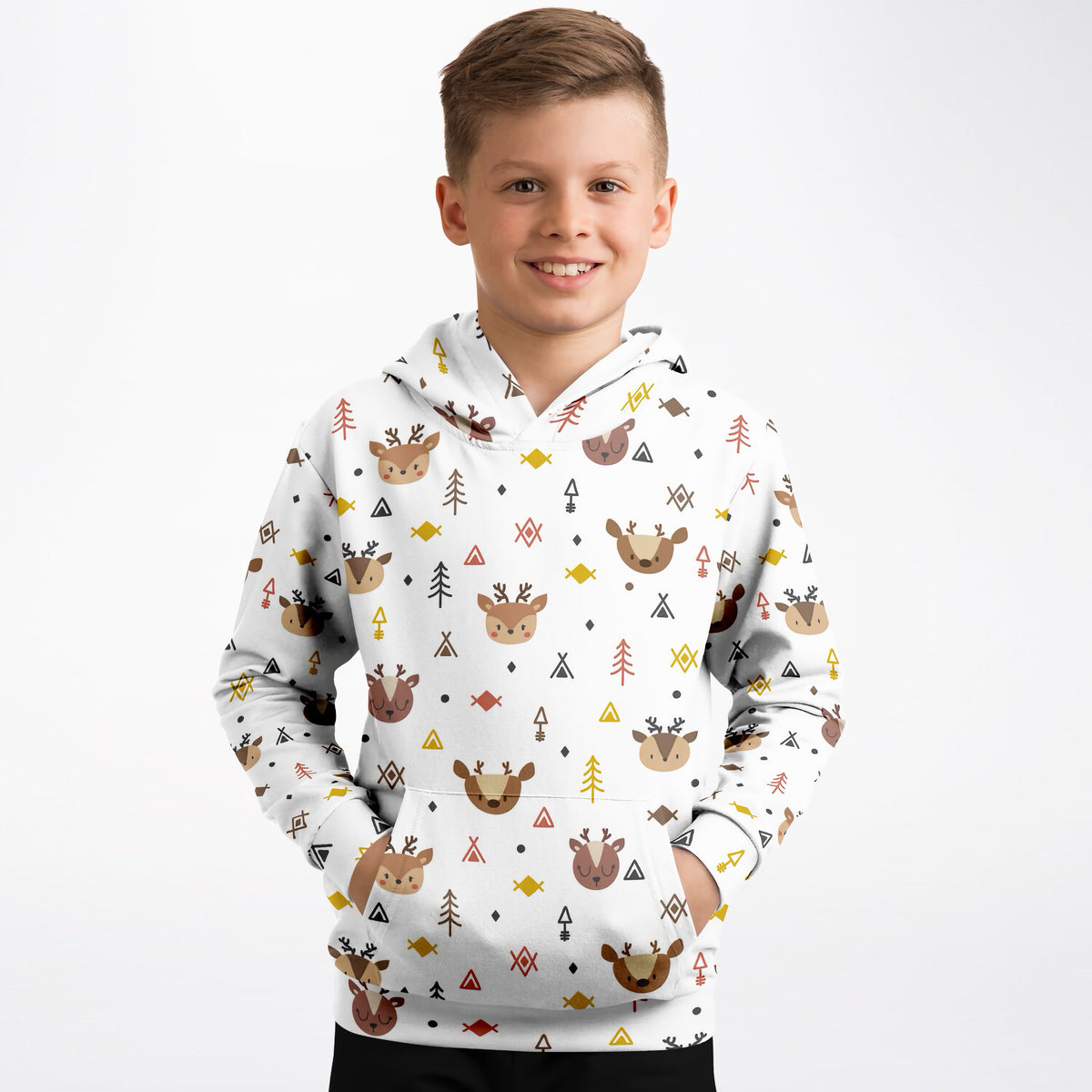 Kids Woodland Reindeer Hoodie – Ultra Comfy & Stretchy, Cozy Fleece or Lightweight Sports Fabric, Double-Layer Hood & Kangaroo Pocket