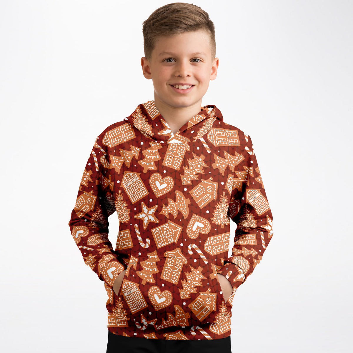Kids Red Gingerbread Cookies Christmas Hoodie – Ultra Comfy & Stretchy, Cozy Fleece or Lightweight Sports Fabric, Double-Layer Hood & Kangaroo Pocket
