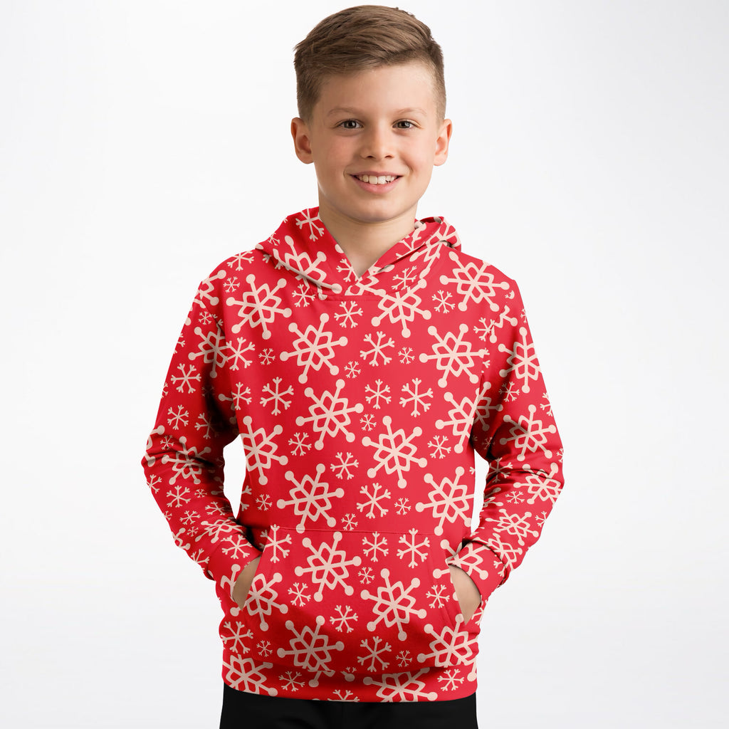 Kids Red Snowflake Christmas Hoodie – Ultra Comfy & Stretchy, Cozy Fleece or Lightweight Sports Fabric, Double-Layer Hood & Kangaroo Pocket