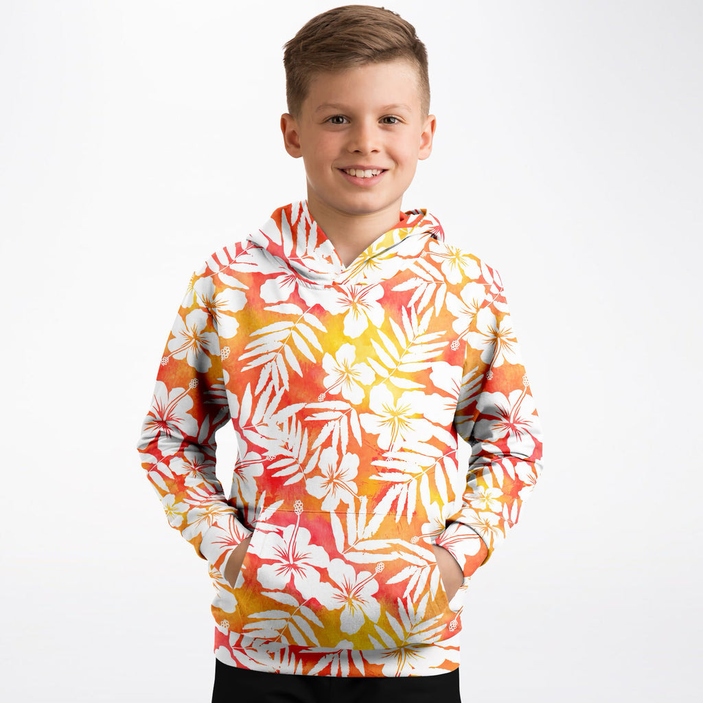 Kids Sunset Orange Tropical Hibiscus Hoodie – Ultra Comfy & Stretchy, Cozy Fleece or Lightweight Sports Fabric, Double-Layer Hood & Kangaroo Pocket