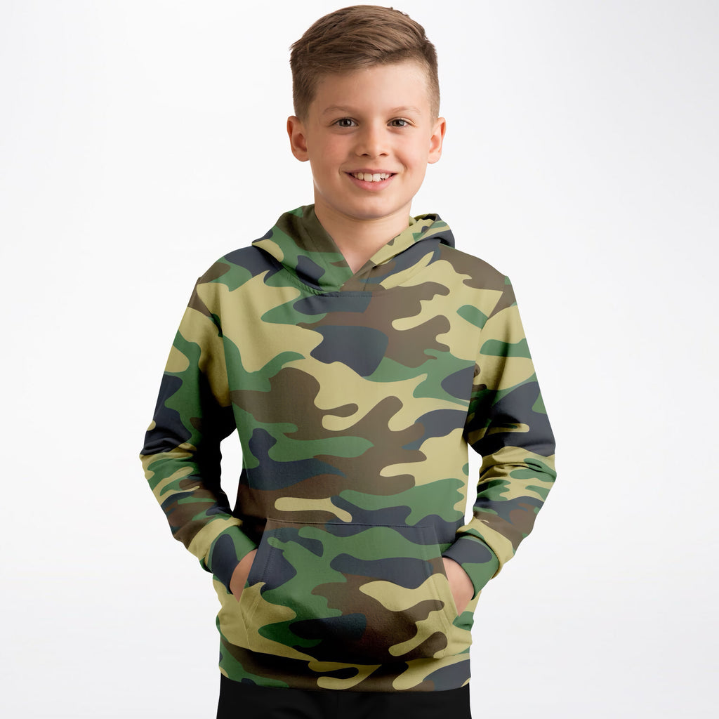 Kids Green Classic Woodland Camouflage Hoodie – Ultra Comfy & Stretchy, Cozy Fleece or Lightweight Sports Fabric, Double-Layer Hood & Kangaroo Pocket