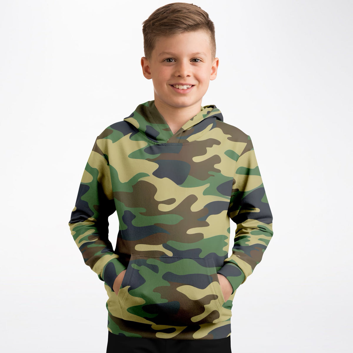Kids Green Classic Woodland Camouflage Hoodie – Ultra Comfy & Stretchy, Cozy Fleece or Lightweight Sports Fabric, Double-Layer Hood & Kangaroo Pocket