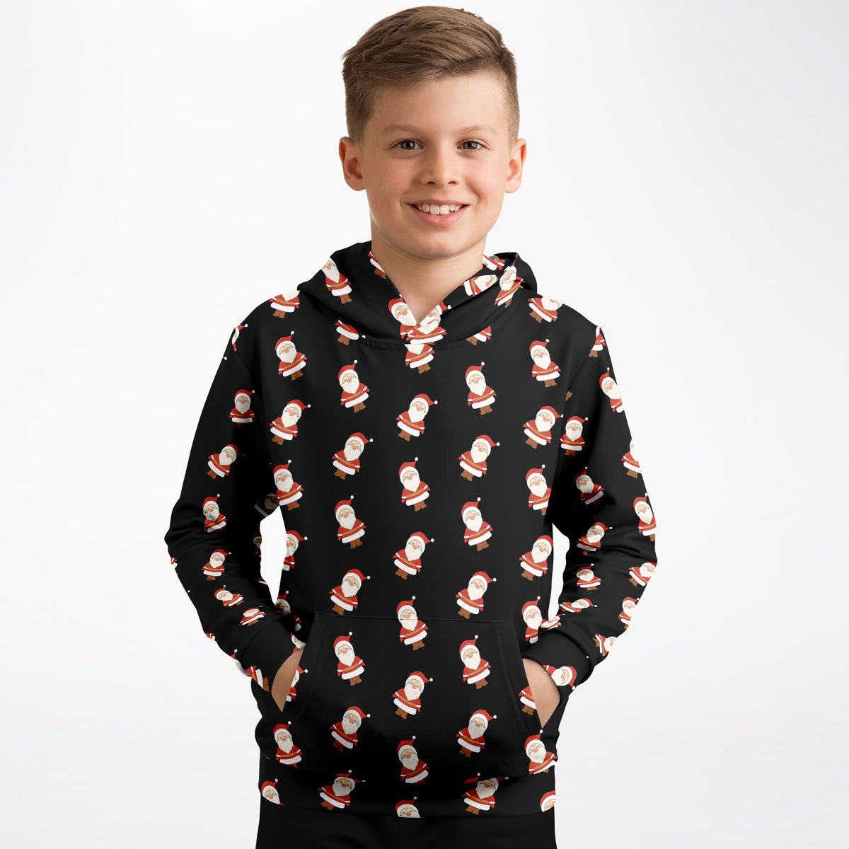 Kids Black Santa Claus Christmas Hoodie – Ultra Comfy & Stretchy, Cozy Fleece or Lightweight Sports Fabric, Double-Layer Hood & Kangaroo Pocket