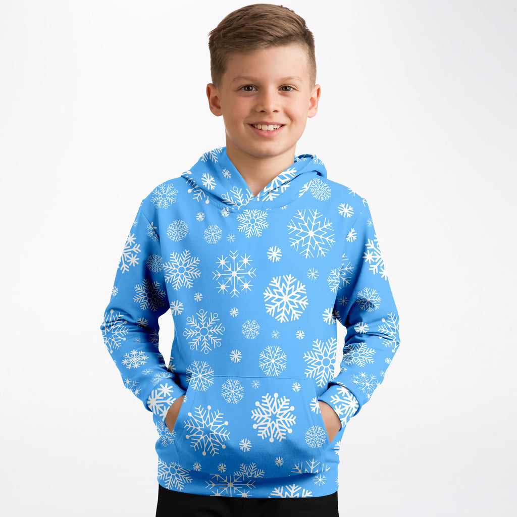 Kids Blue Snowflake Christmas Hoodie – Ultra Comfy & Stretchy, Cozy Fleece or Lightweight Sports Fabric, Double-Layer Hood & Kangaroo Pocket