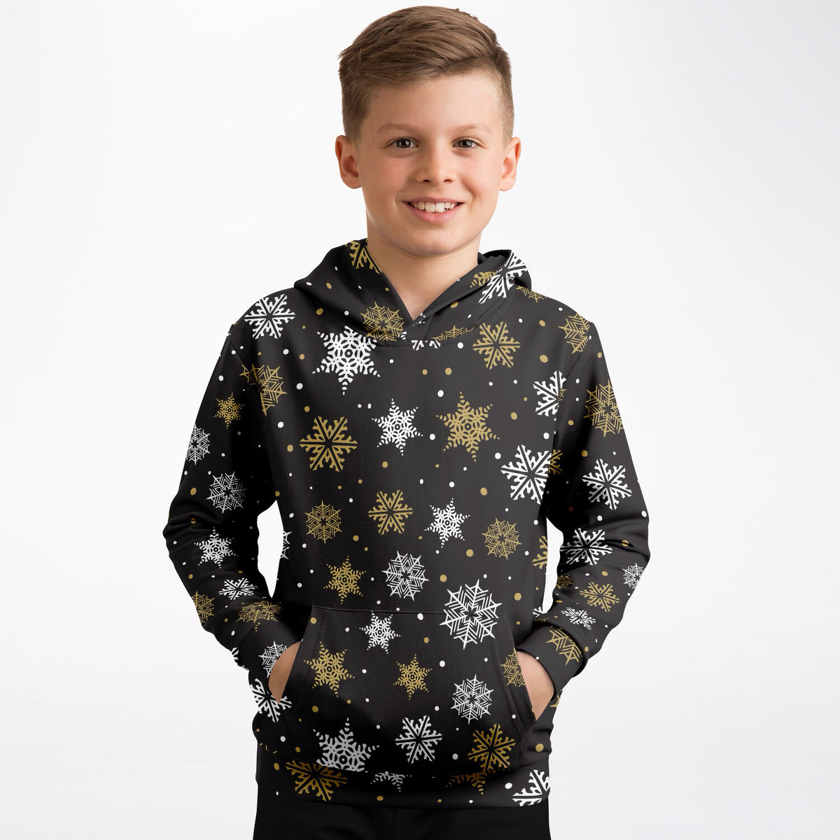 Kids Dark Brown, Gold & White Snowflake Christmas Hoodie – Ultra Comfy & Stretchy, Cozy Fleece or Lightweight Sports Fabric, Double-Layer Hood & Kangaroo Pocket