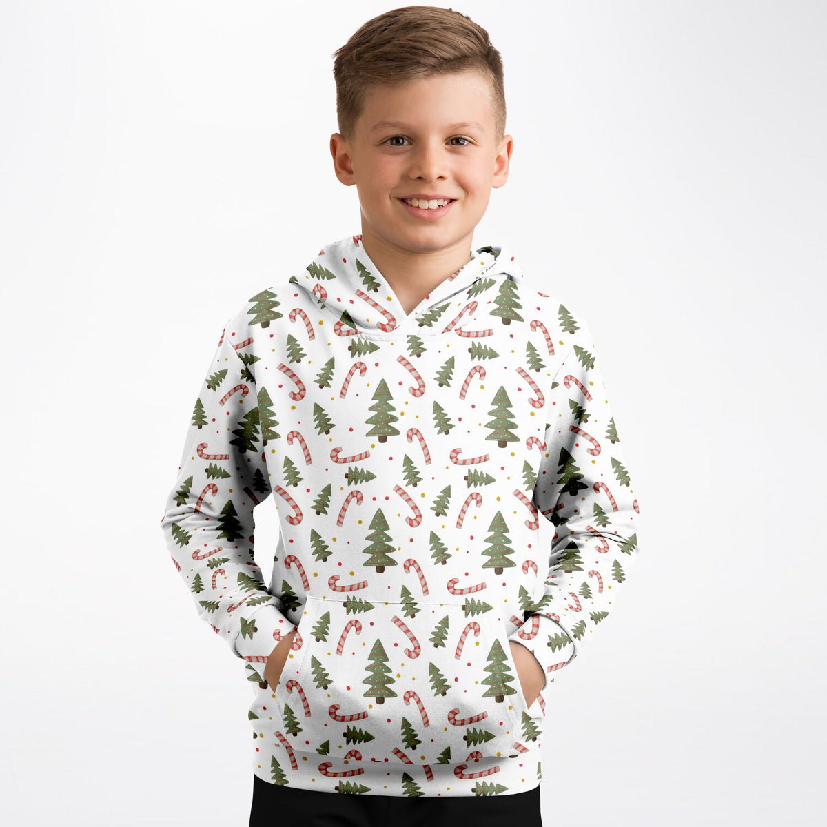 Kids Christmas Tree Candy Cane Hoodie – Ultra Comfy & Stretchy, Cozy Fleece or Lightweight Sports Fabric, Double-Layer Hood & Kangaroo Pocket