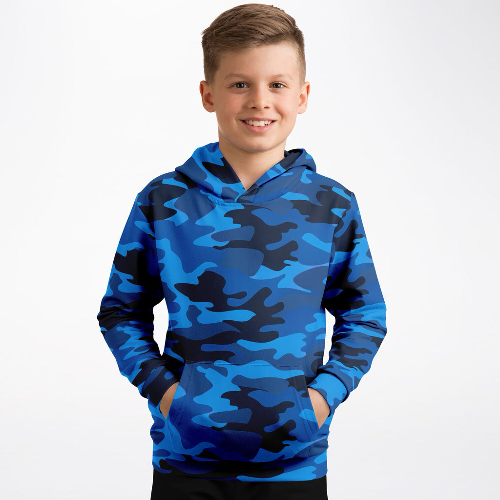 Kids Blue Camouflage Hoodie – Ultra Comfy & Stretchy, Cozy Fleece or Lightweight Sports Fabric, Double-Layer Hood & Kangaroo Pocket