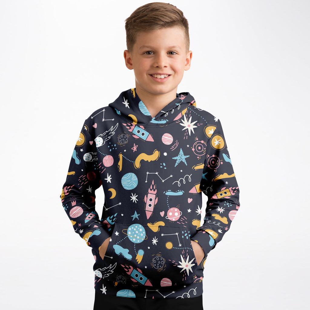Navy blue kids outer space hoodie with colorful rocket and planet print made of cozy cotton fleece or lightweight fabric