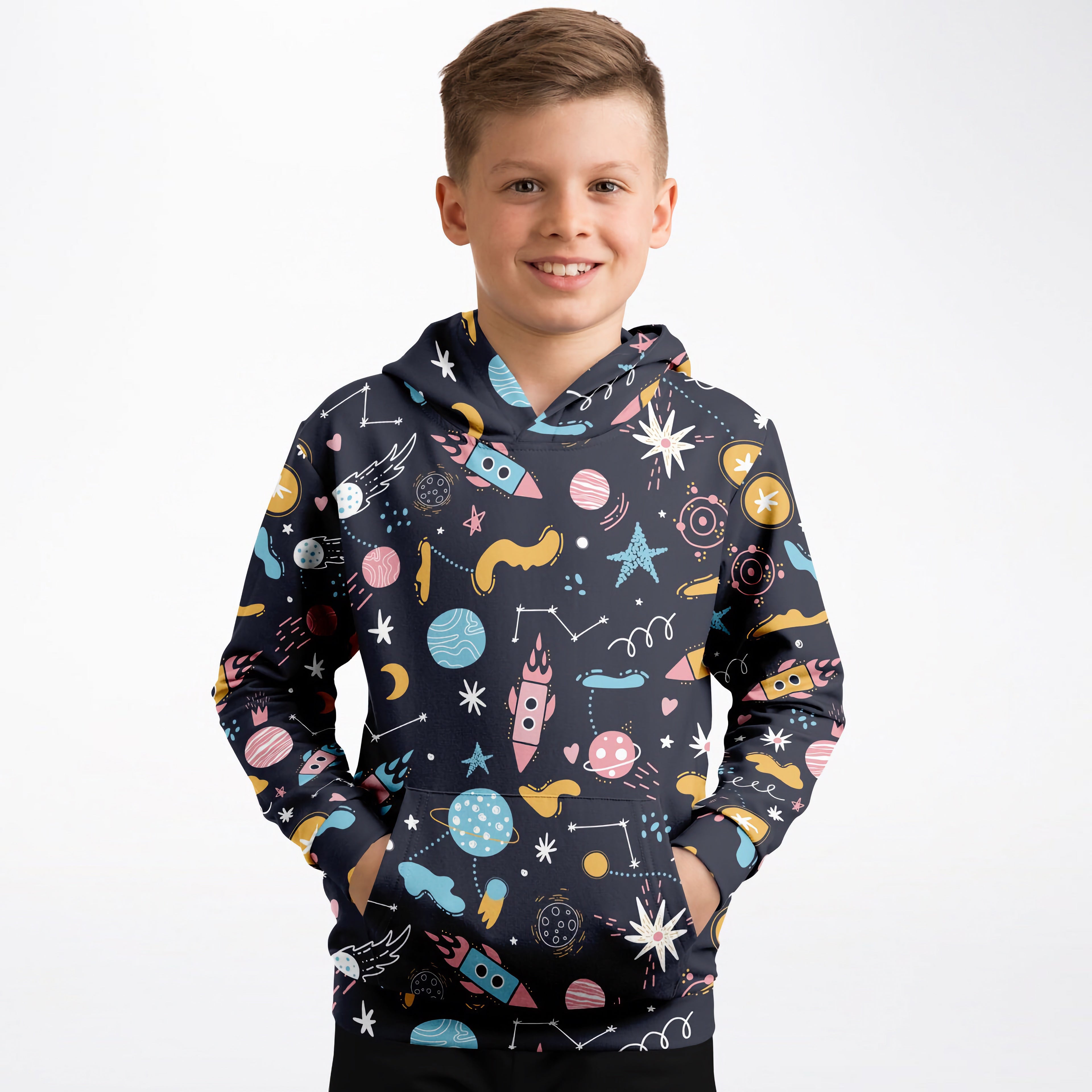 Navy blue kids outer space hoodie with colorful rocket and planet print made of cozy cotton fleece or lightweight fabric
